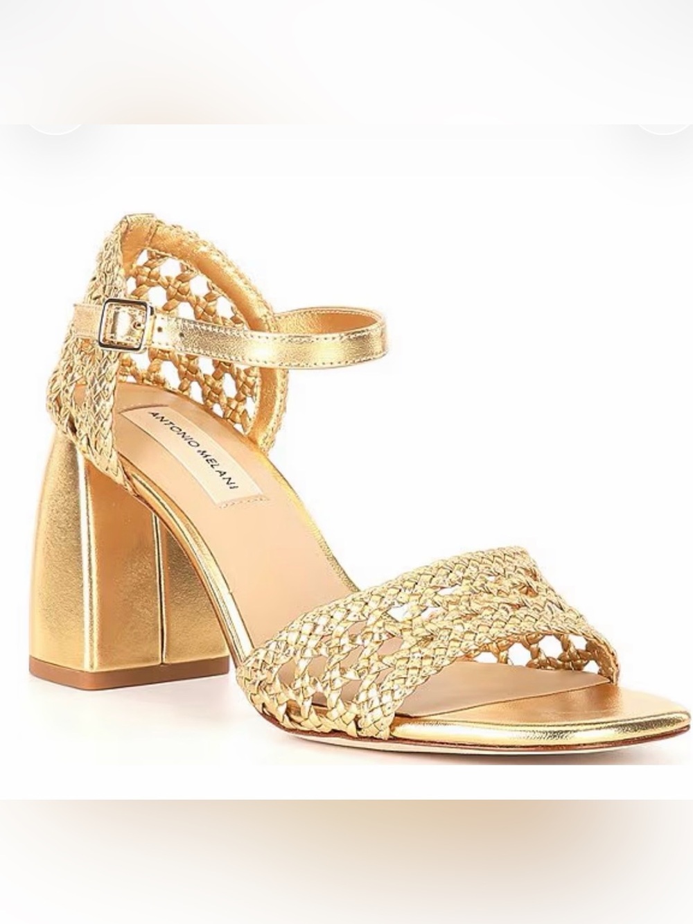 ANTONIO MELANI Gretel Metallic Gold Braided Block Heel Sandals, size 8.5 EUC